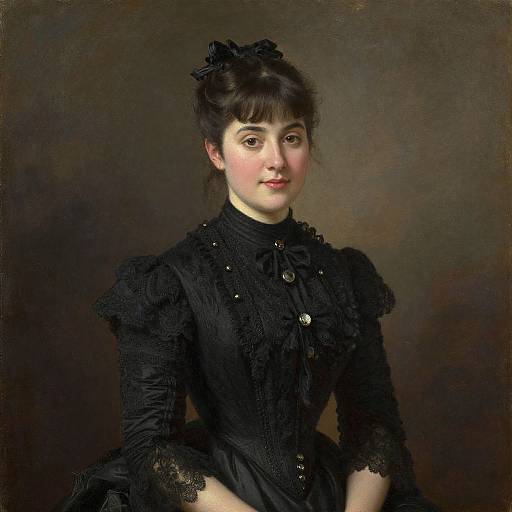 Victorian-style portrait of a young woman with fair skin, dark brown hair in an updo, wearing a black lace Victorian dress, against a dark