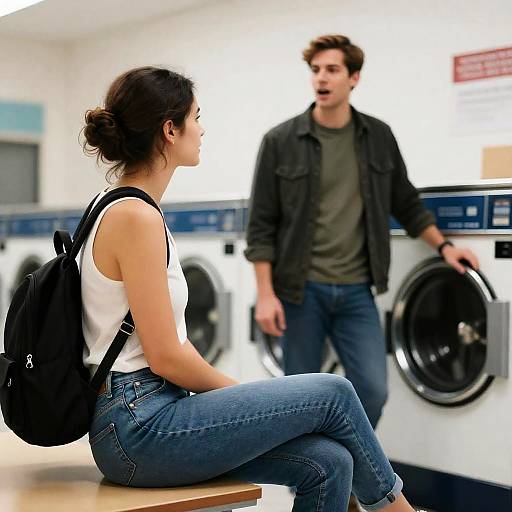Young Woman Sitting in Laundromat with Man Standing