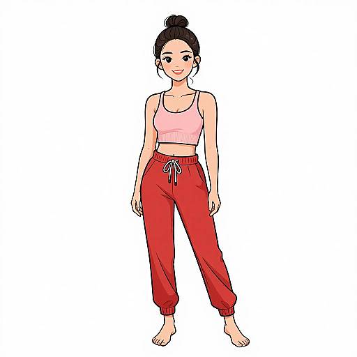 Digital illustration of a young woman with fair skin, black hair in a bun, wearing a pink crop top and red pajama pants, standing barefoot