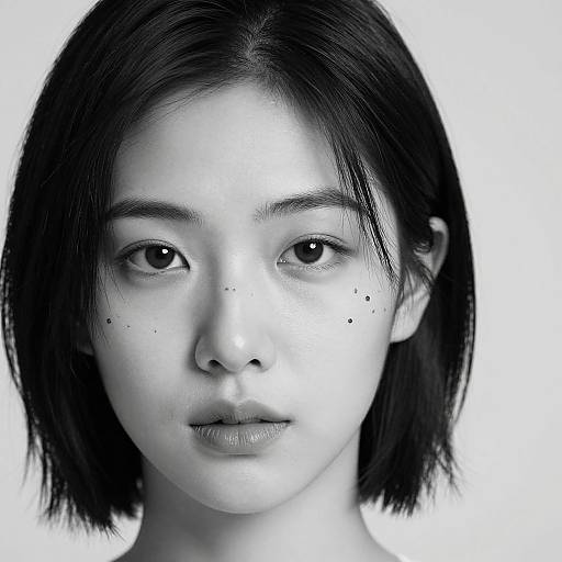Black-and-white portrait of an East Asian woman with short, straight black hair and freckles on her cheeks, gazing directly at the camera.