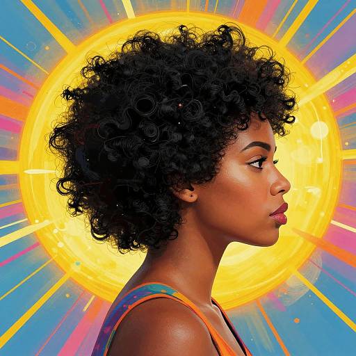 Photograph of a beautiful, dark-skinned woman with curly black hair, wearing an orange tank top, against a vibrant yellow and blue radiant background.