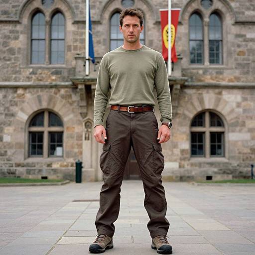 Photograph of a muscular man with short brown hair, wearing a green long-sleeve shirt, brown cargo pants, and brown shoes, standing in