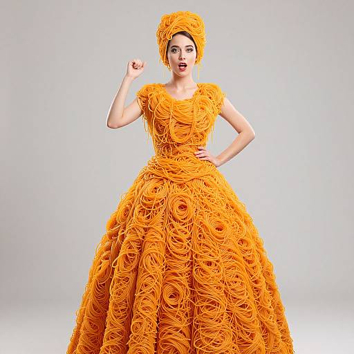 Photograph of a fair-skinned woman with dark hair in a vibrant, ruffled orange ball gown and matching headpiece, striking a pose against a