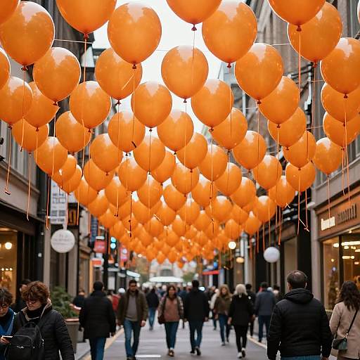 Photograph of a city street filled with vibrant orange balloons, people walking below, and storefronts on both sides.