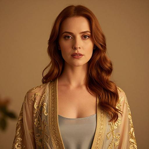 Photograph of a beautiful woman with long, wavy brown hair, wearing an ornate gold-embroidered beige shawl over a blue top
