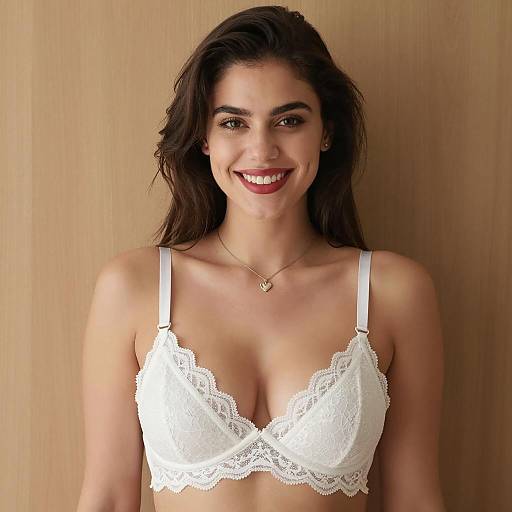 Smiling Woman in White Lace Bra