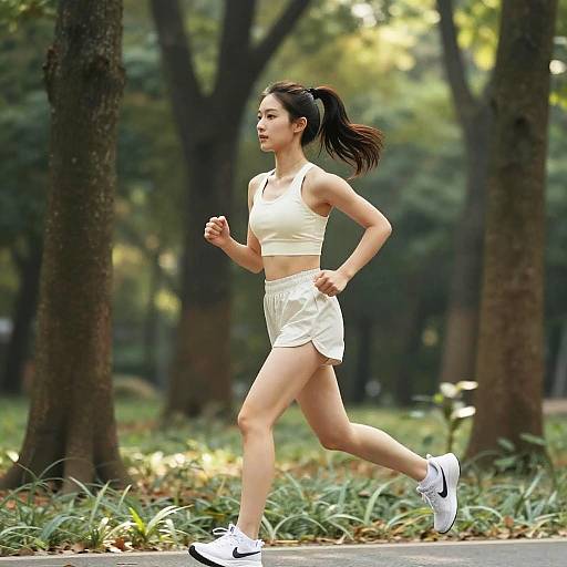 Young Woman Running Through Serene Forest