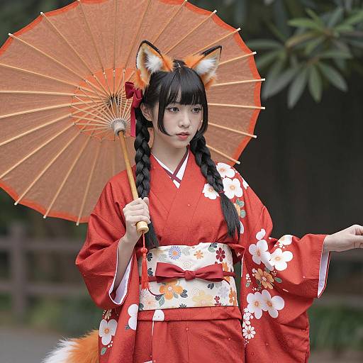 Asian Woman in Floral Kimono with Fox Ears