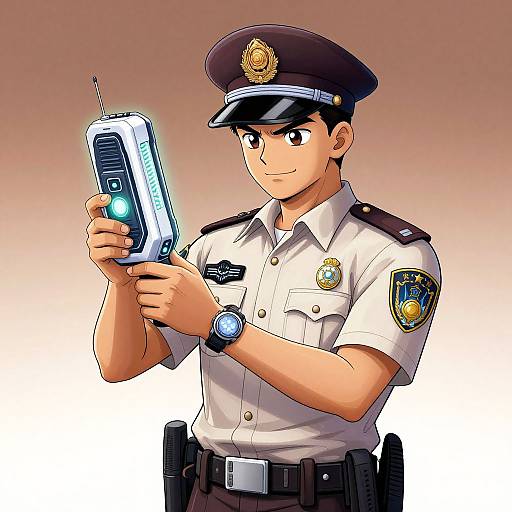 Digital anime-style illustration of a confident male police officer in a white uniform, black hat, and badge, holding a glowing futuristic handheld device.