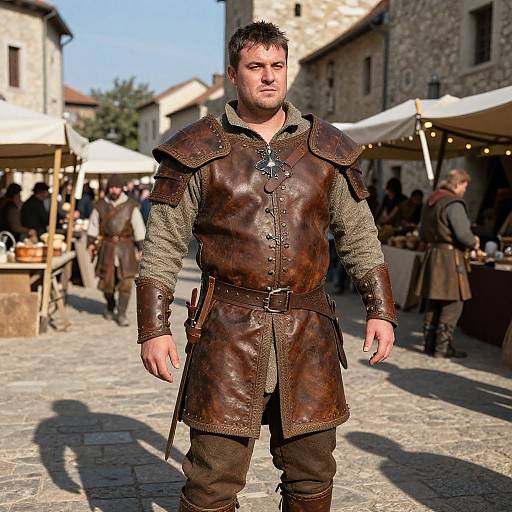 Photograph of a muscular, fair-skinned man with short brown hair, wearing a brown leather medieval vest and green wool shirt, standing in a sun