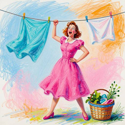 Colorful drawing of a red-haired woman in a pink dress, hanging clothes on a line with green and white garments. She holds the line with one