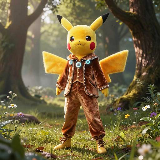 Photorealistic CGI of Pikachu in brown velvet suit with blue gems, standing in a sunlit, enchanted forest filled with flowers.