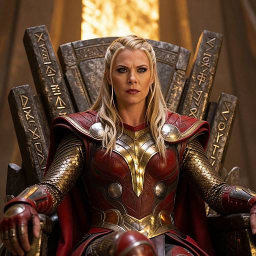 Photograph of a blonde woman in detailed red and gold armor, seated on a throne with runic inscriptions, set against a glowing, fiery background