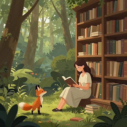 Digital illustration: A young woman in a white dress reads a book beside a wooden bookshelf in a sunlit forest, with a curious fox standing on