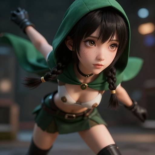 CGI anime-style girl with black hair, green hood, black gloves, revealing top, and short skirt, in dynamic pose, urban night background.