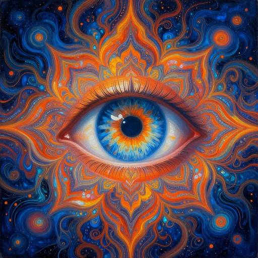 Vibrant digital artwork of a blue eye with fiery orange and blue swirling patterns radiating outward against a cosmic night sky.