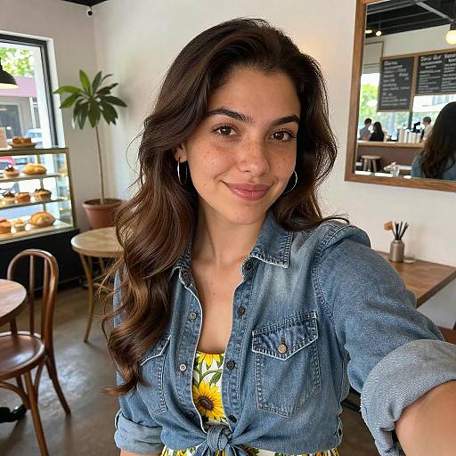 Sunlit Café Selfie of Mexican-American Woman