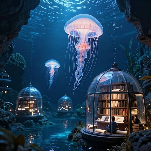Photograph of a surreal underwater scene with glowing jellyfish, transparent dome rooms, and lit bookshelves, set in a dark, blue-toned