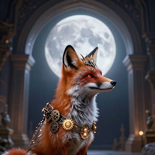 Digital artwork of a regal red fox with glowing red eyes, adorned with ornate golden jewelry, set against a full moon in an arched,