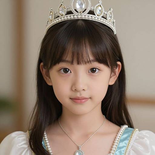 Photograph of an Asian girl with straight black hair, wearing a silver tiara and white dress with blue sash, smiling softly.