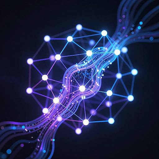 Digital CGI artwork of a glowing, blue and white, abstract network of interconnected nodes and swirling cables against a dark background.