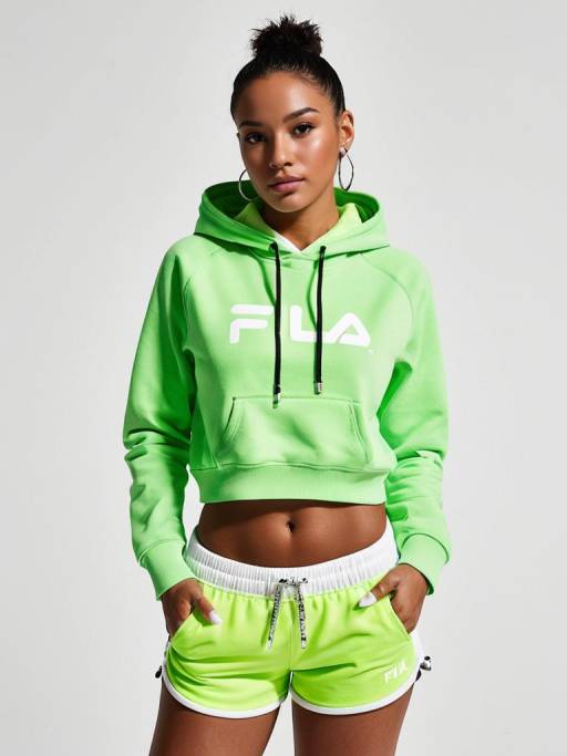 Sporty Woman in Neon Green FILA Hoodie and Shorts