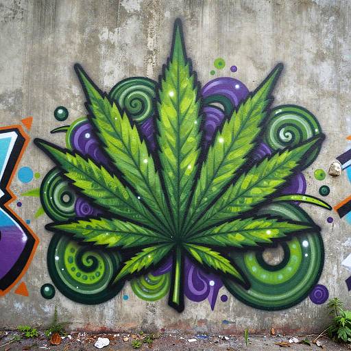 Vibrant graffiti of a large green marijuana leaf with purple swirls on a weathered concrete wall, featuring colorful splashes.