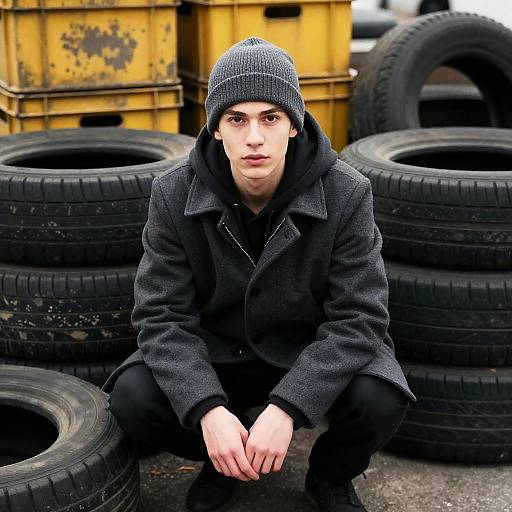 Focused Young Man Amidst Worn Tires