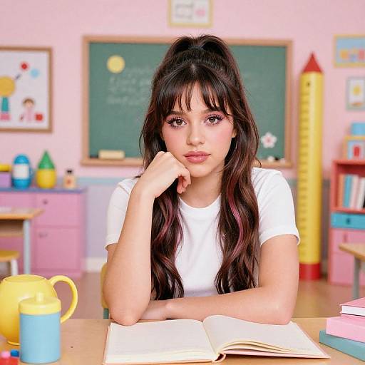 Photograph of a young Asian girl with long black hair, wearing a white t-shirt, sitting at a school desk, resting her chin on her hand