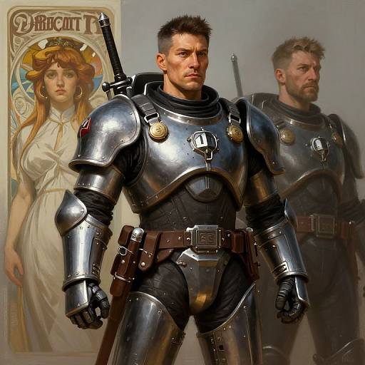 Digital artwork of two muscular, armored men in shiny steel armor, standing before a vintage painting of a serene woman. One man looks forward, the other