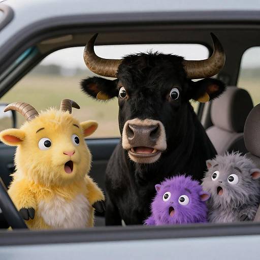 Surprised Black Bull in a Car