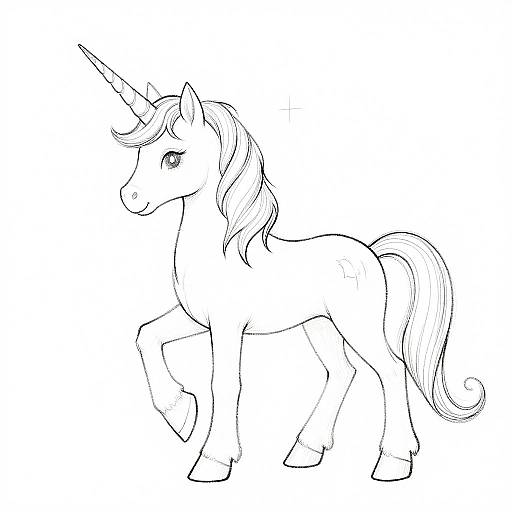 Black-and-white line drawing of a cute, standing unicorn with a flowing mane and tail, large eyes, and a single horn.
