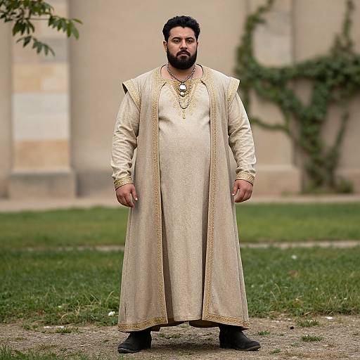 Photograph of a bearded man with a dark complexion, wearing a long, cream-colored traditional garment with gold trim, standing on a grassy path
