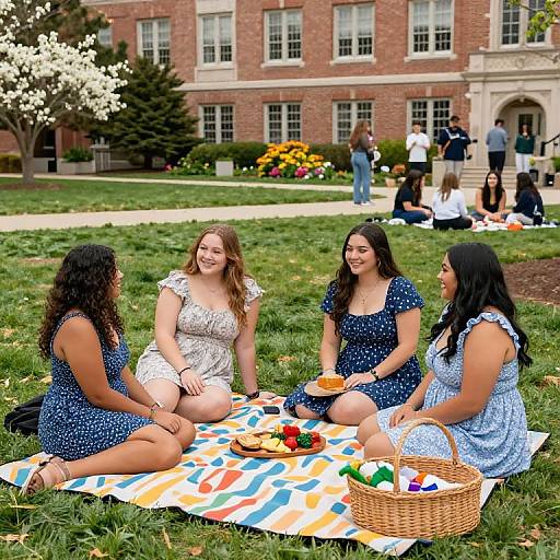 Four women in blue and white dresses, sitting on a colorful blanket, enjoying a picnic on a grassy lawn with a brick building in the background.