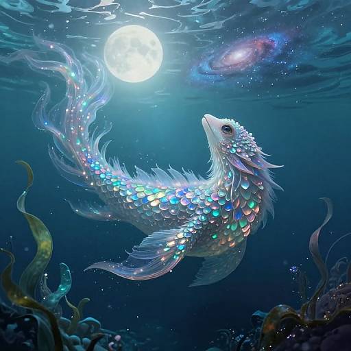 Digital art of a glowing, iridescent mermaid with shimmering scales, swimming near a bright full moon, surrounded by underwater plants and a distant