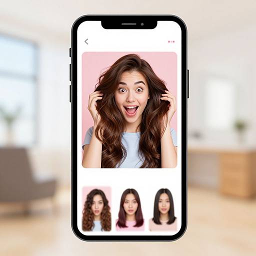 Photograph of a smartphone screen displaying a surprised woman with long brown hair, surrounded by three smaller photos of smiling women. Blurred indoor background.