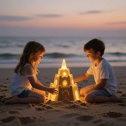 Photograph of a sunset beach, two children, a girl and a boy, building a glowing sandcastle, sitting on sand, ocean waves in background