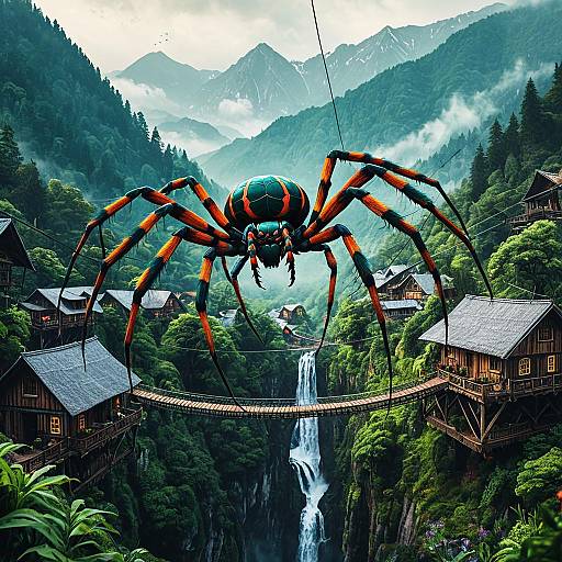 Gigantic Spider Over Forested Mountain Village