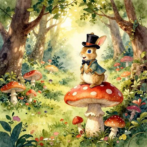 Whimsical watercolor of a cute, blue-eyed bunny in a top hat and bow tie, sitting on a red-spotted mushroom in a sun