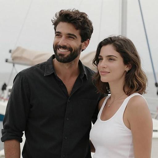 Photograph of a smiling bearded man in a black shirt and a woman with wavy brown hair in a white tank top, standing close together outdoors