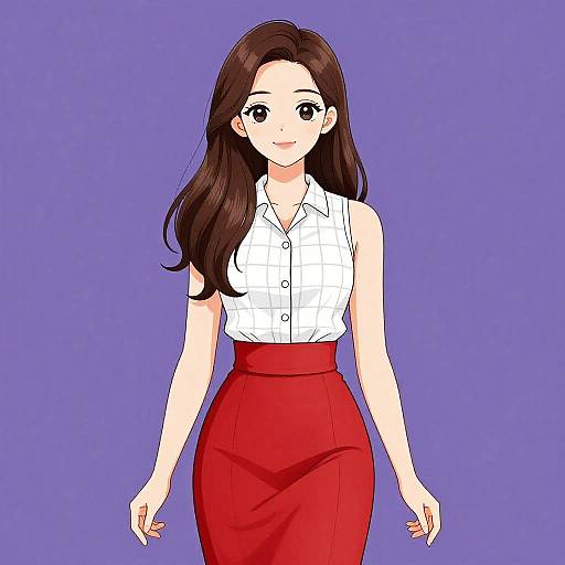 Digital anime-style drawing of a smiling woman with long brown hair, wearing a white sleeveless blouse and red high-waisted skirt, against a solid