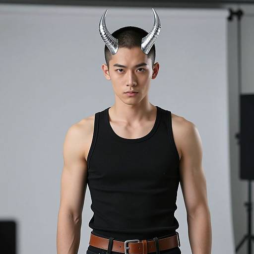 Photograph of a muscular Asian man with short black hair, wearing a black tank top and brown belt, with silver horn headpiece, against a plain