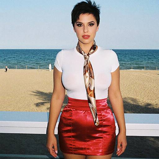 Photograph of a short-haired woman with fair skin, wearing a white top, red satin skirt, and patterned scarf, standing on a beach with
