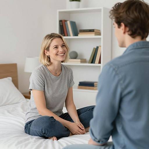 Photograph of a smiling blonde woman in a gray t-shirt and jeans, sitting on a bed, facing a man in a blue shirt in a bright