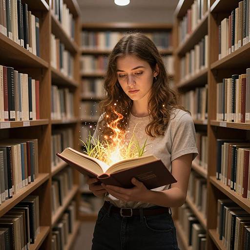 Photograph of a young woman with wavy brown hair, wearing a white t-shirt and dark jeans, reading an open book with flames emerging from it