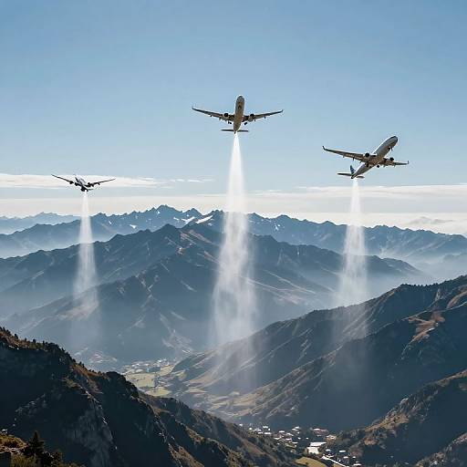 Photograph of three jets flying over a mountain range with sunlight piercing through, creating three vertical light beams, against a clear blue sky.
