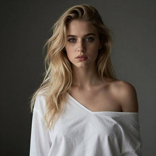 Portrait of Young Blonde Woman in White Off-Shoulder Top