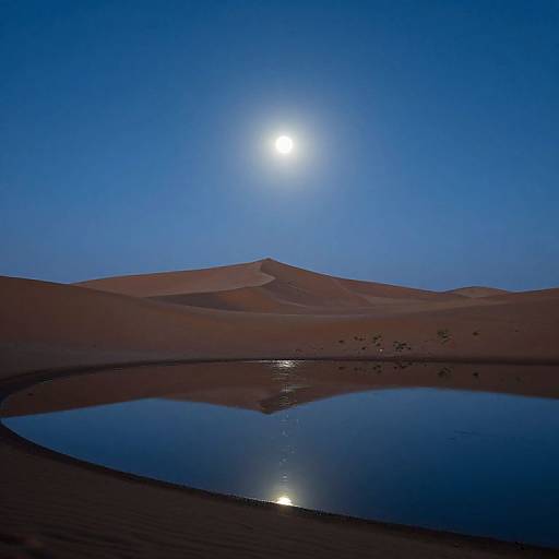 Photograph of a desert night scene with a full moon reflecting in a calm, circular pool, surrounded by red sand dunes under a vivid blue sky