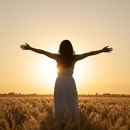 Silhouetted woman with arms outstretched, wearing a white dress, stands in a golden wheat field at sunset. Photograph.