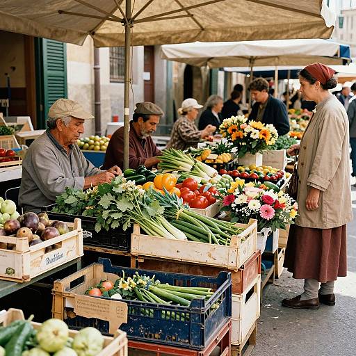 Photograph of a vibrant outdoor market stall with elderly vendors and customers, featuring colorful vegetables, flowers, and crates under a canopy.